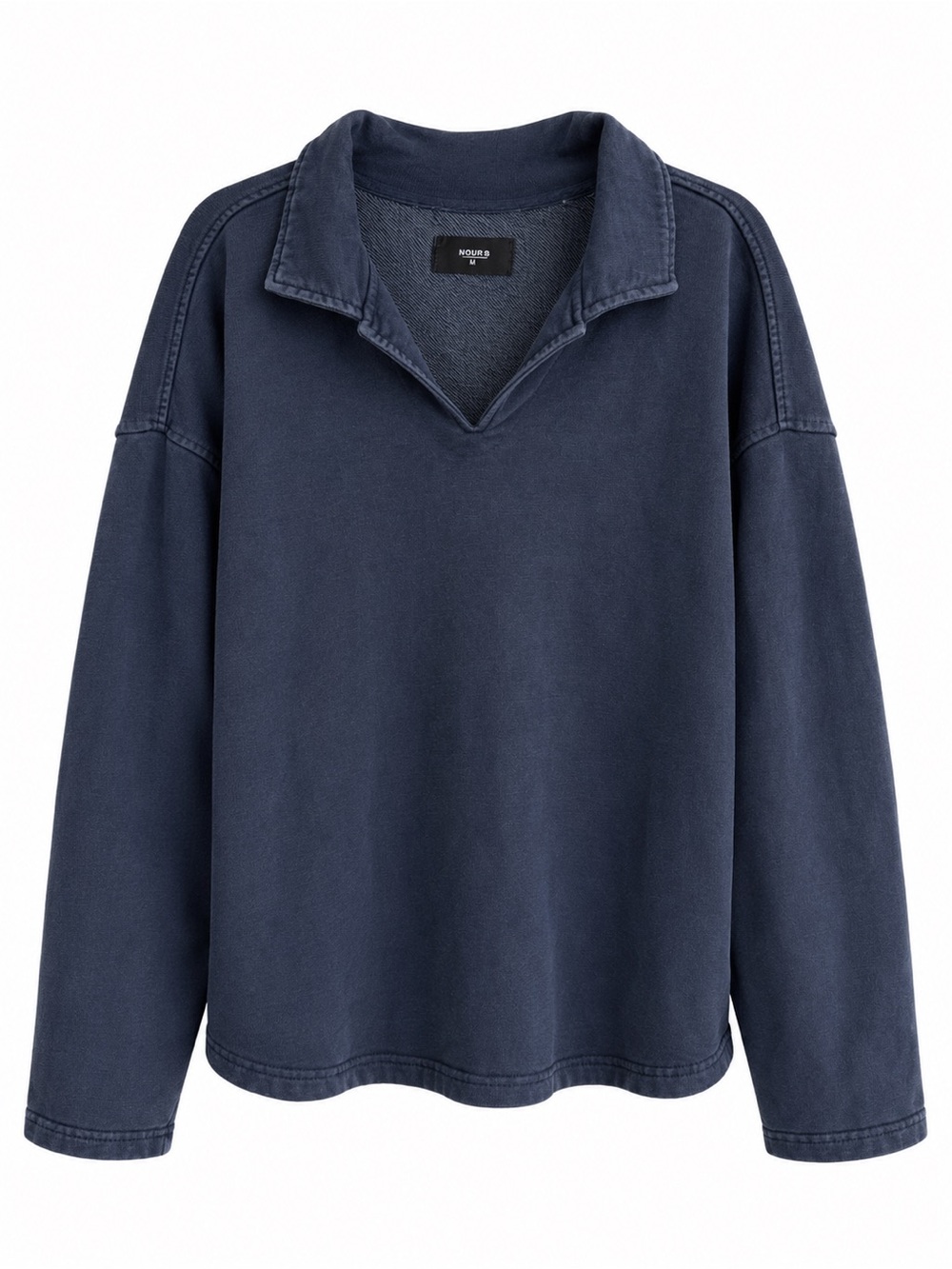 HOURS Washed Navy Oversized Johnny Collar Cotton Pullover Sweatshirt Size M